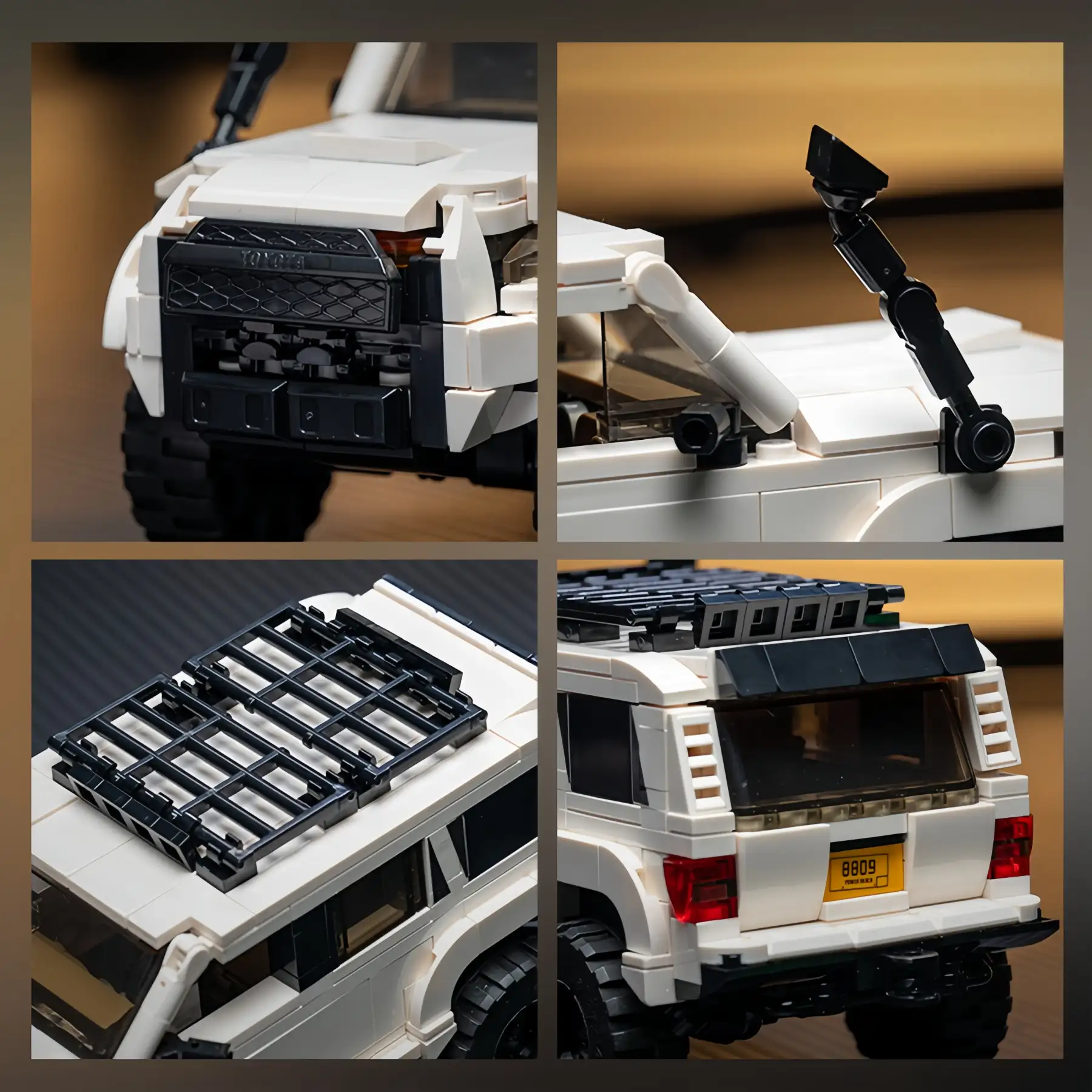 Multi-angle detail collage of Toyota 4Runner Off-Road SUV Brick Model, showcasing front grille, snorkel, roof rack and rear details, 540 PCS collectible construction set