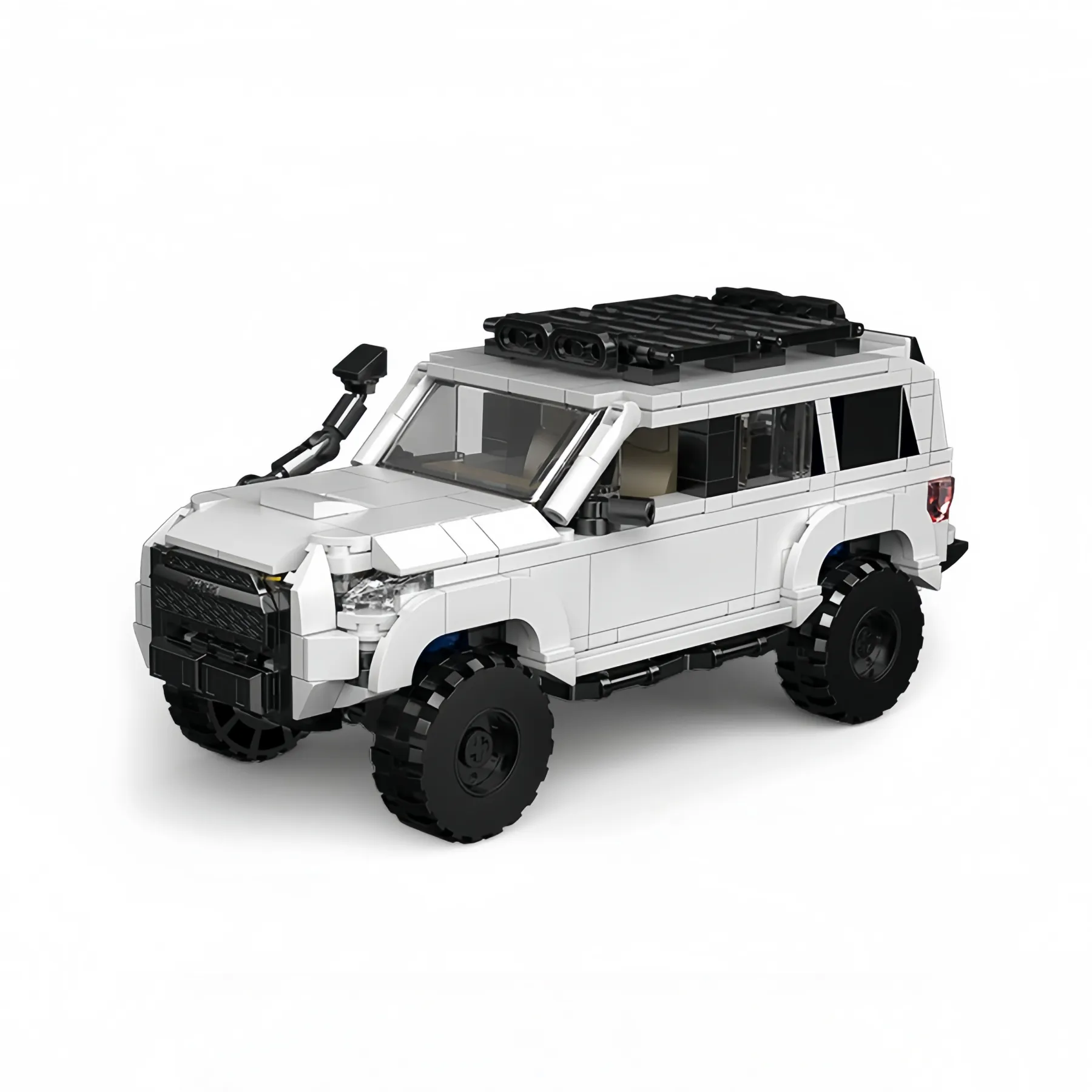 White Toyota 4Runner off-road SUV building blocks toy model with roof rack and snorkel, 1:32 scale 540 pieces brick set on a white background.