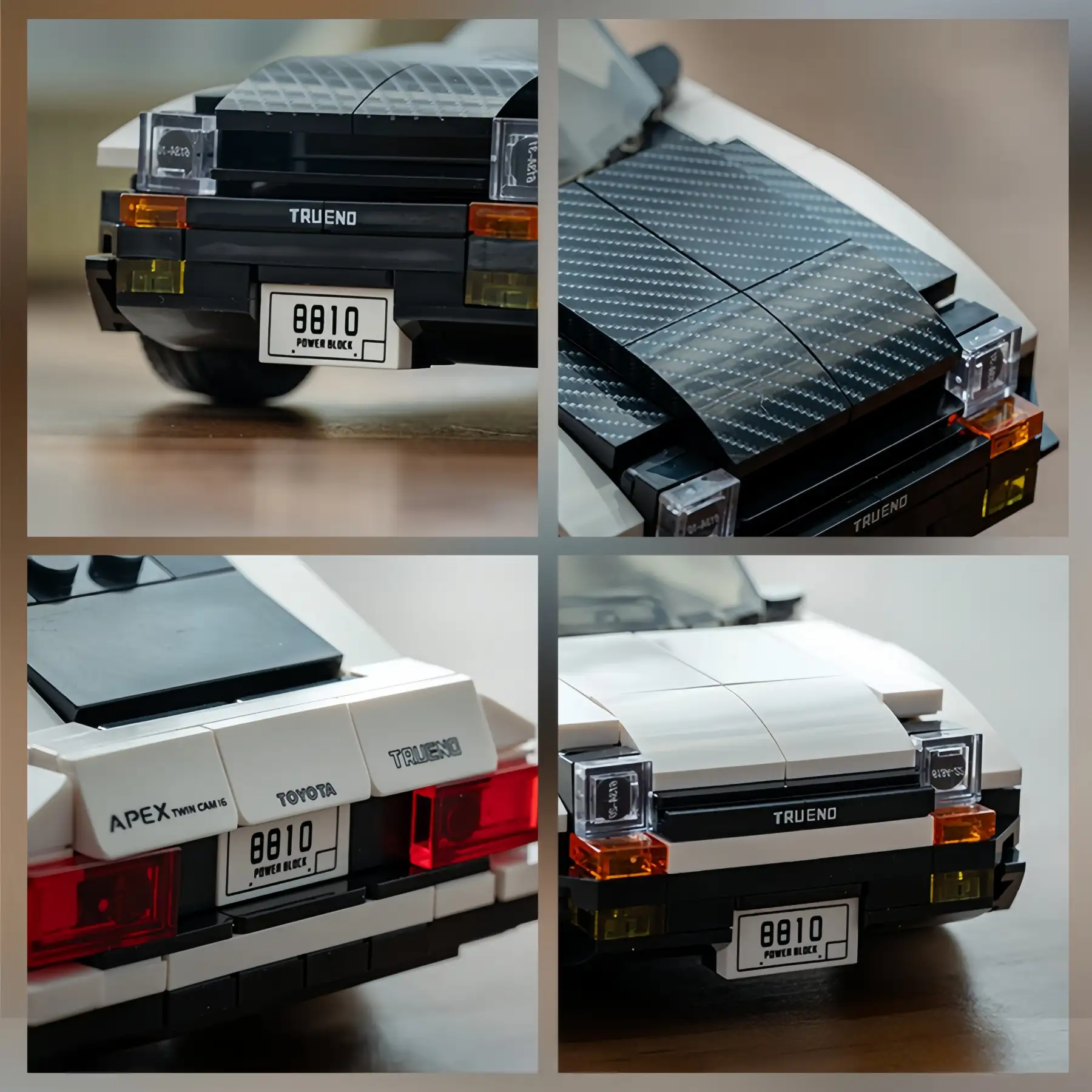 A 4-panel details collage of the Toyota AE86 brick car, showing pop-up headlights, carbon fiber pattern, white hood option, and crisp rear logos.