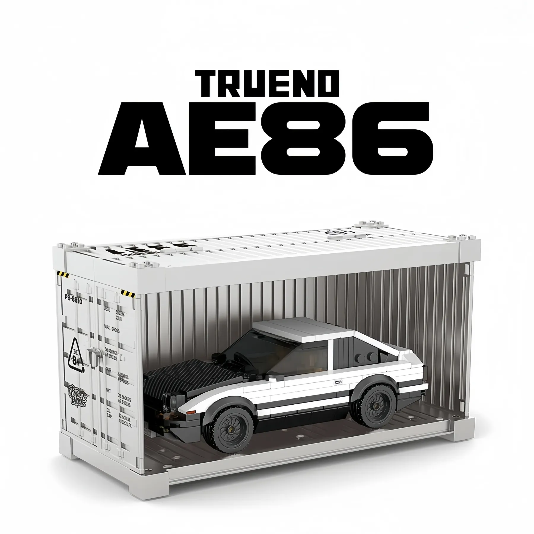Toyota AE86 Trueno 1:32 scale brick model car inside its themed white shipping container display box.