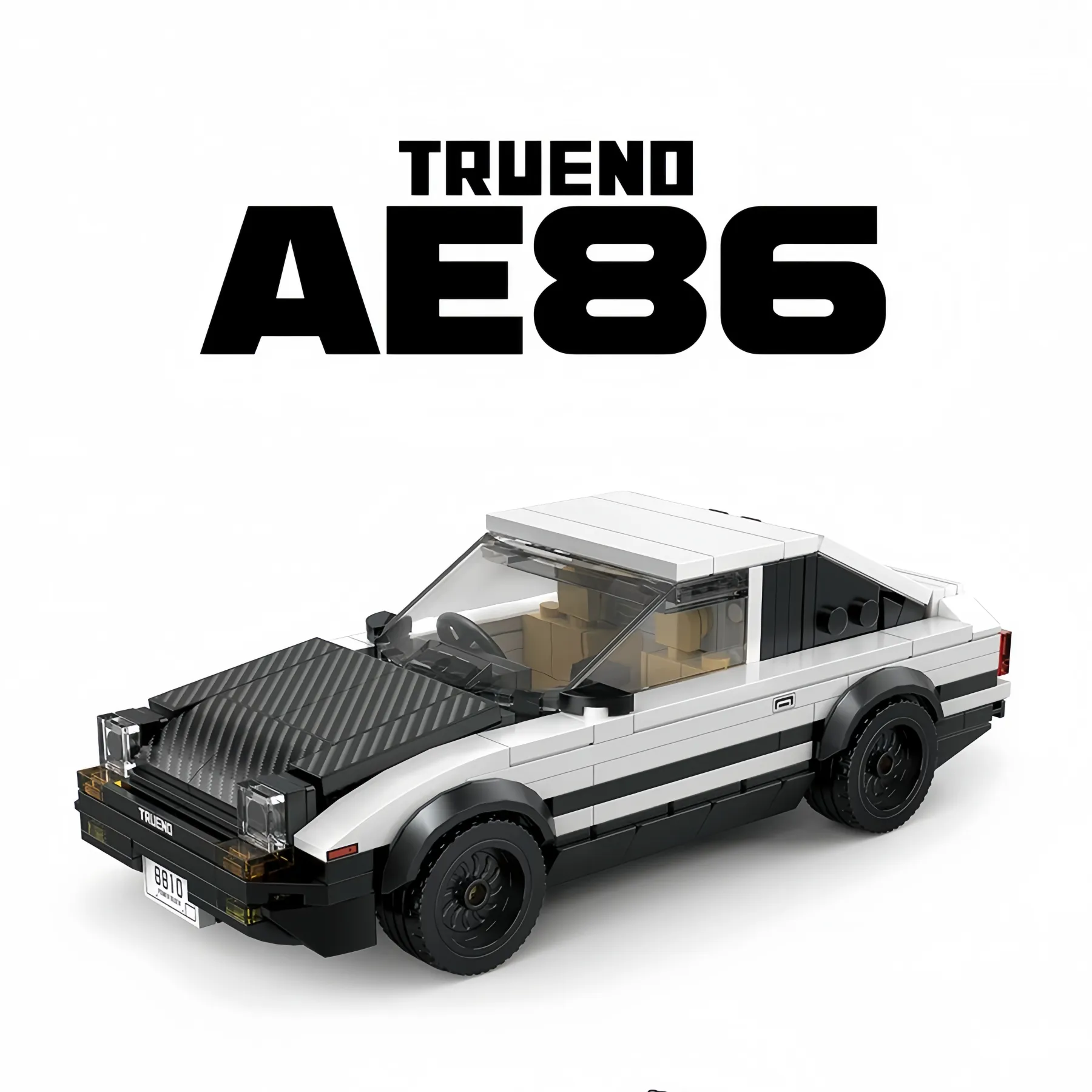 Classic panda AE86 brick model sports car with bold AE86 logo graphic overlay.