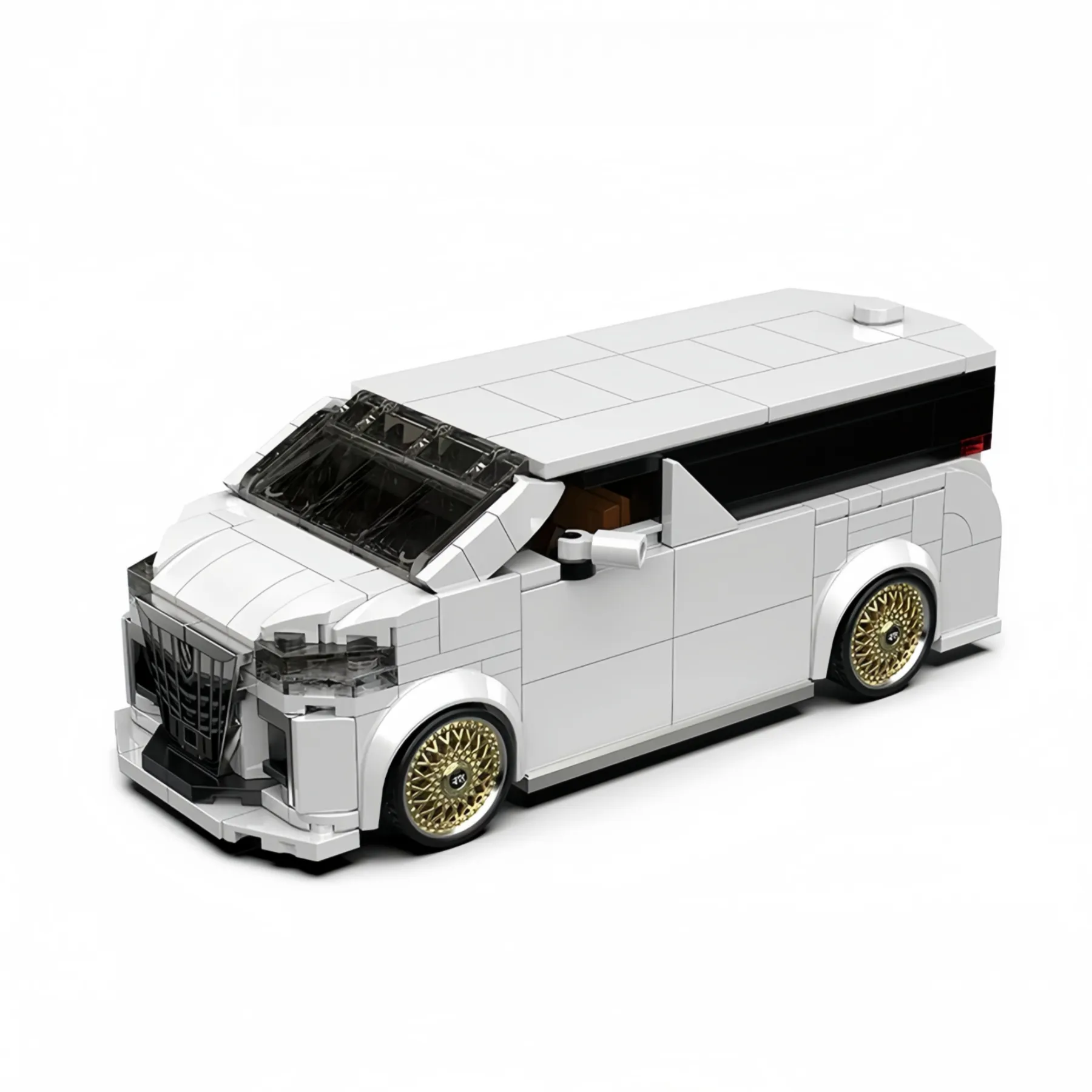 Toyota Alphard luxury MPV brick model building kit in white with gold wheels.