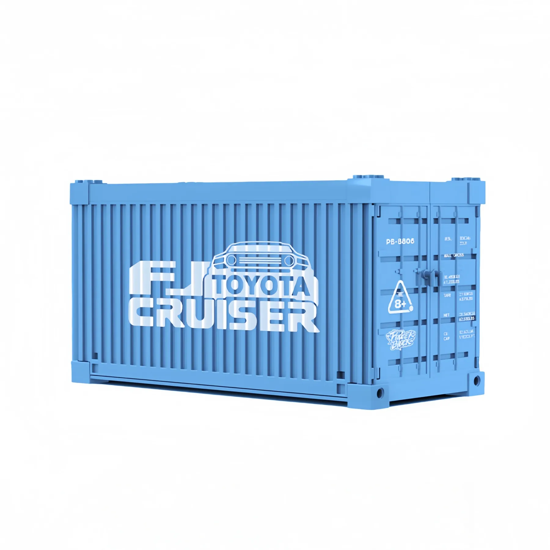 Light blue shipping container-style display case for the Toyota FJ Cruiser brick model, featuring white custom FJ Toyota Cruiser branding and industrial door details on a white background.