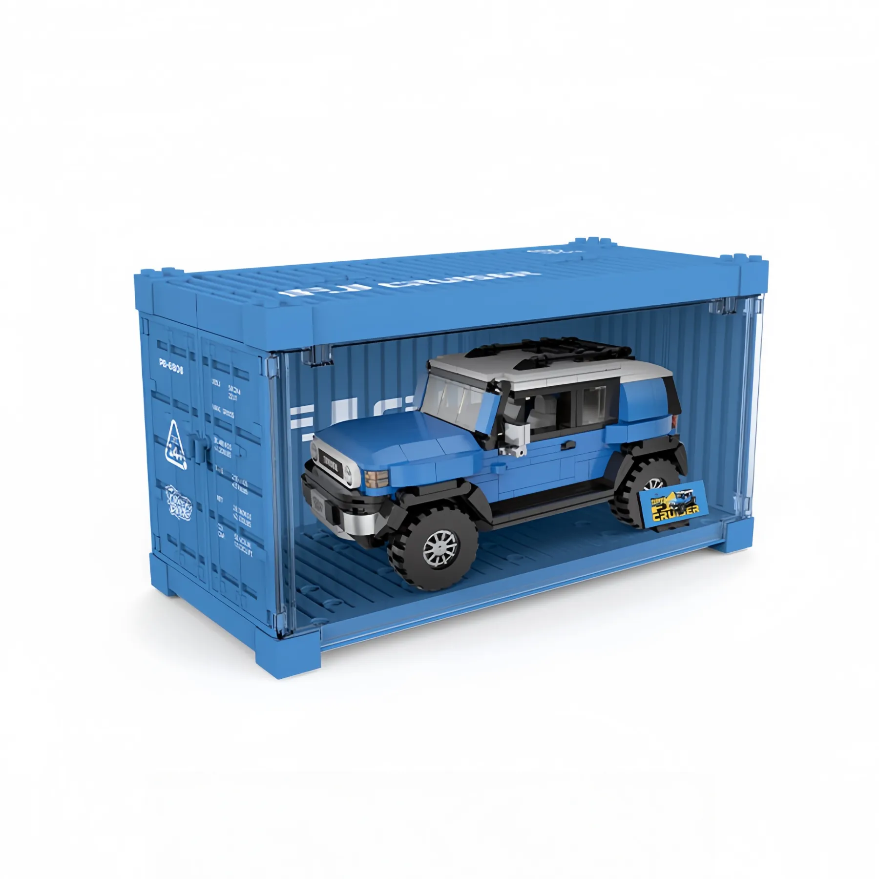 Blue and white Toyota FJ Cruiser building blocks SUV toy car model showcased inside its custom light blue shipping container-style dustproof display case on a white background.