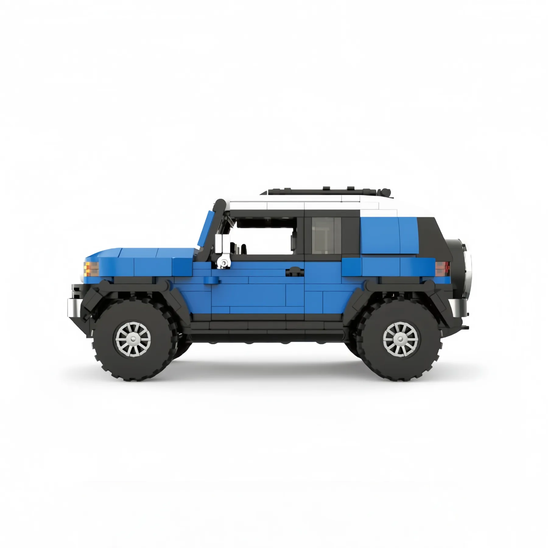 Side view of blue and white Toyota FJ Cruiser building blocks SUV model featuring a signature white roof, rear-mounted spare tire, and rugged off-road tires on a white background.