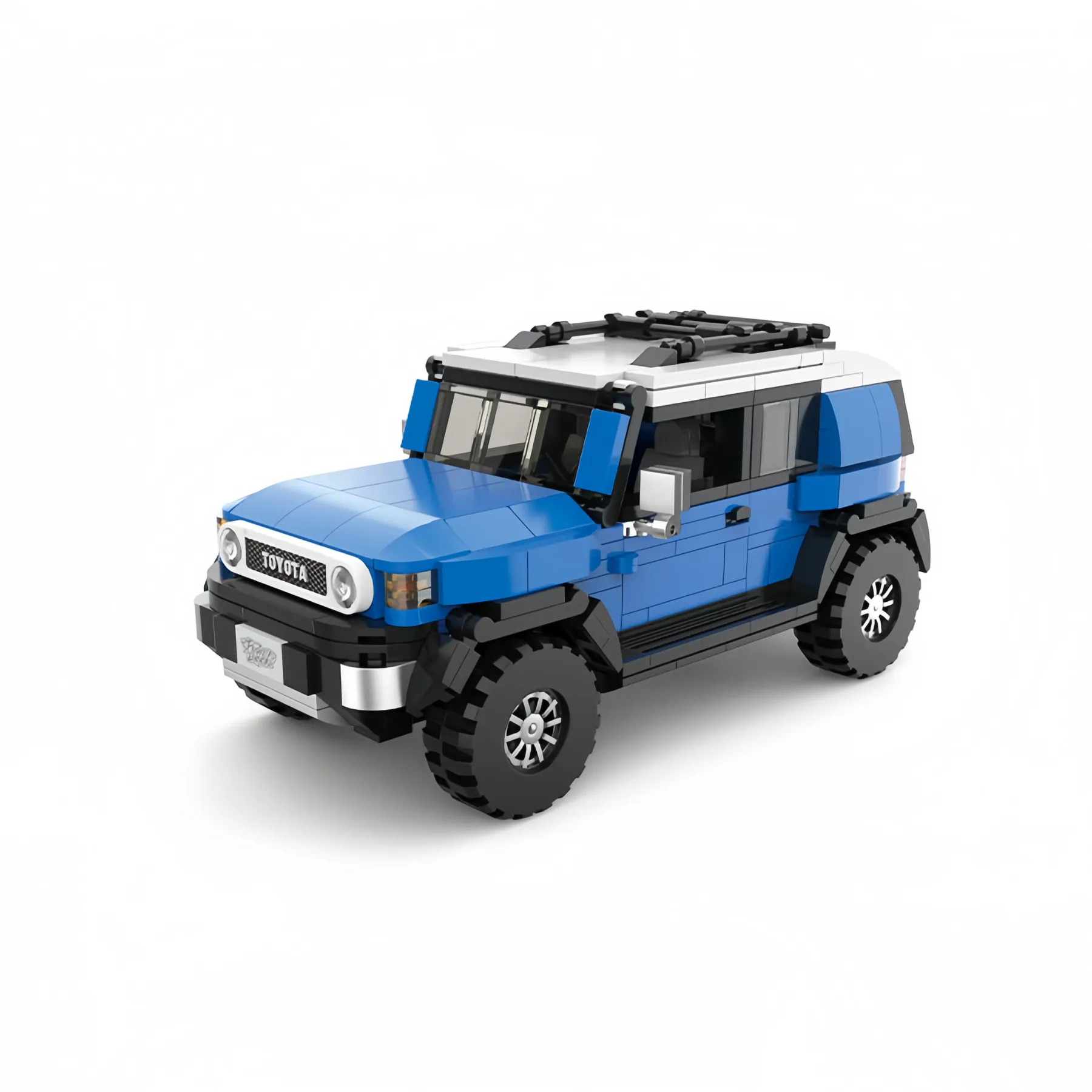 Blue and white Toyota FJ Cruiser off-road SUV building blocks toy model with roof rack, retro round headlights, and rugged tires, isolated on a white background.
