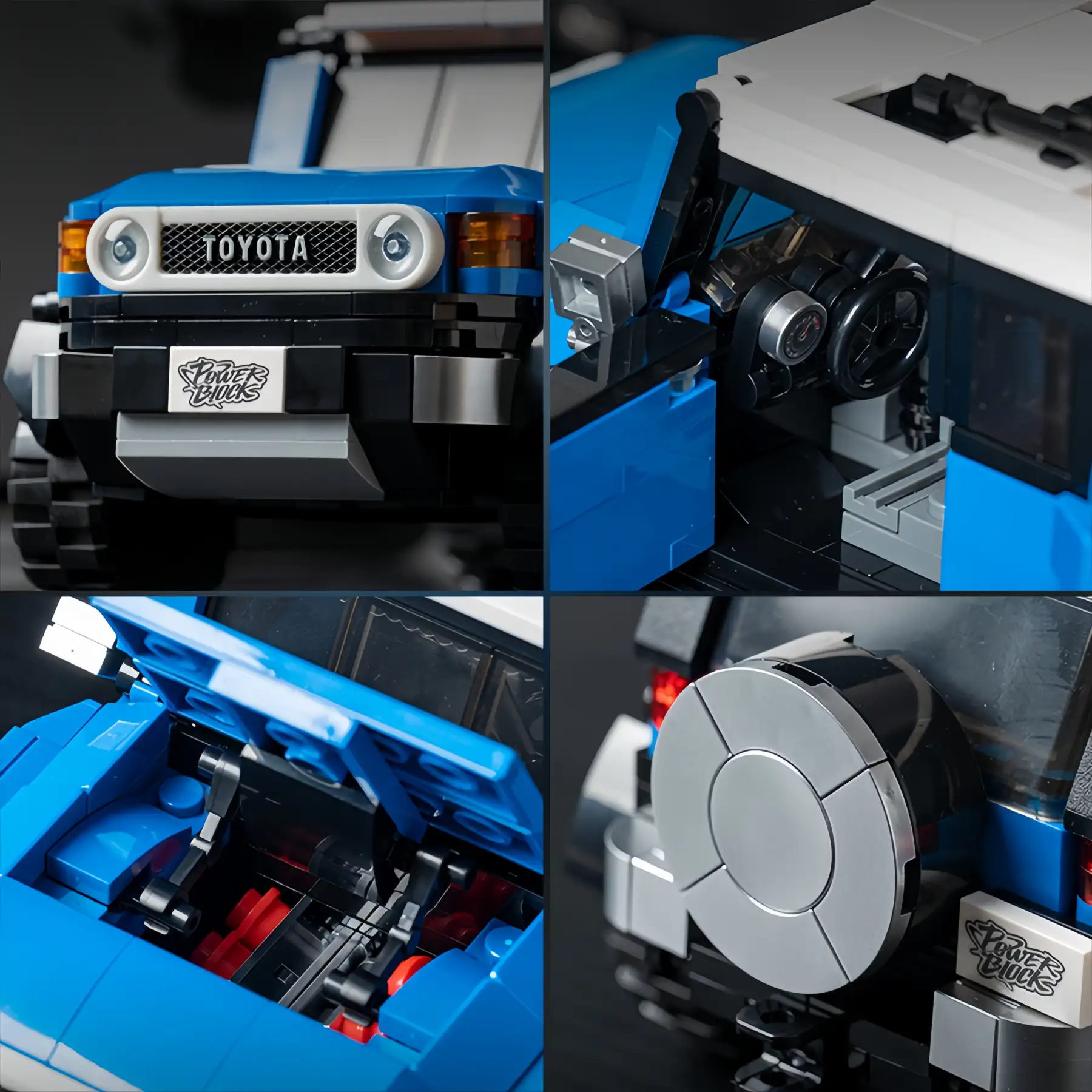 Detailed detail shot of Toyota FJ40 Retro Land Cruiser Brick Model, front grille, interior, trunk, spare tire details, 622 Pieces Collectible Construction Set