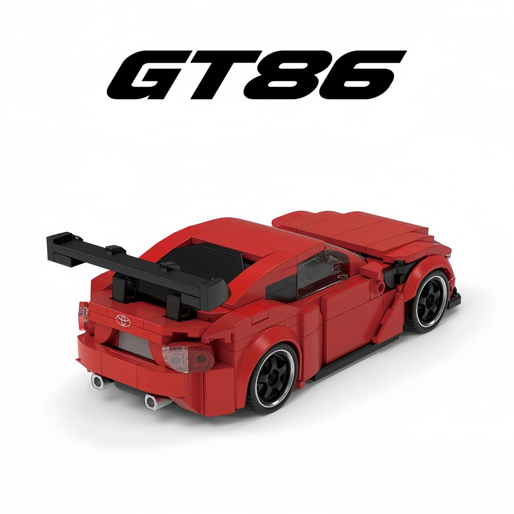 Rear view of the Toyota GT86 brick car model showing the black sports spoiler and dual exhaust pipes.