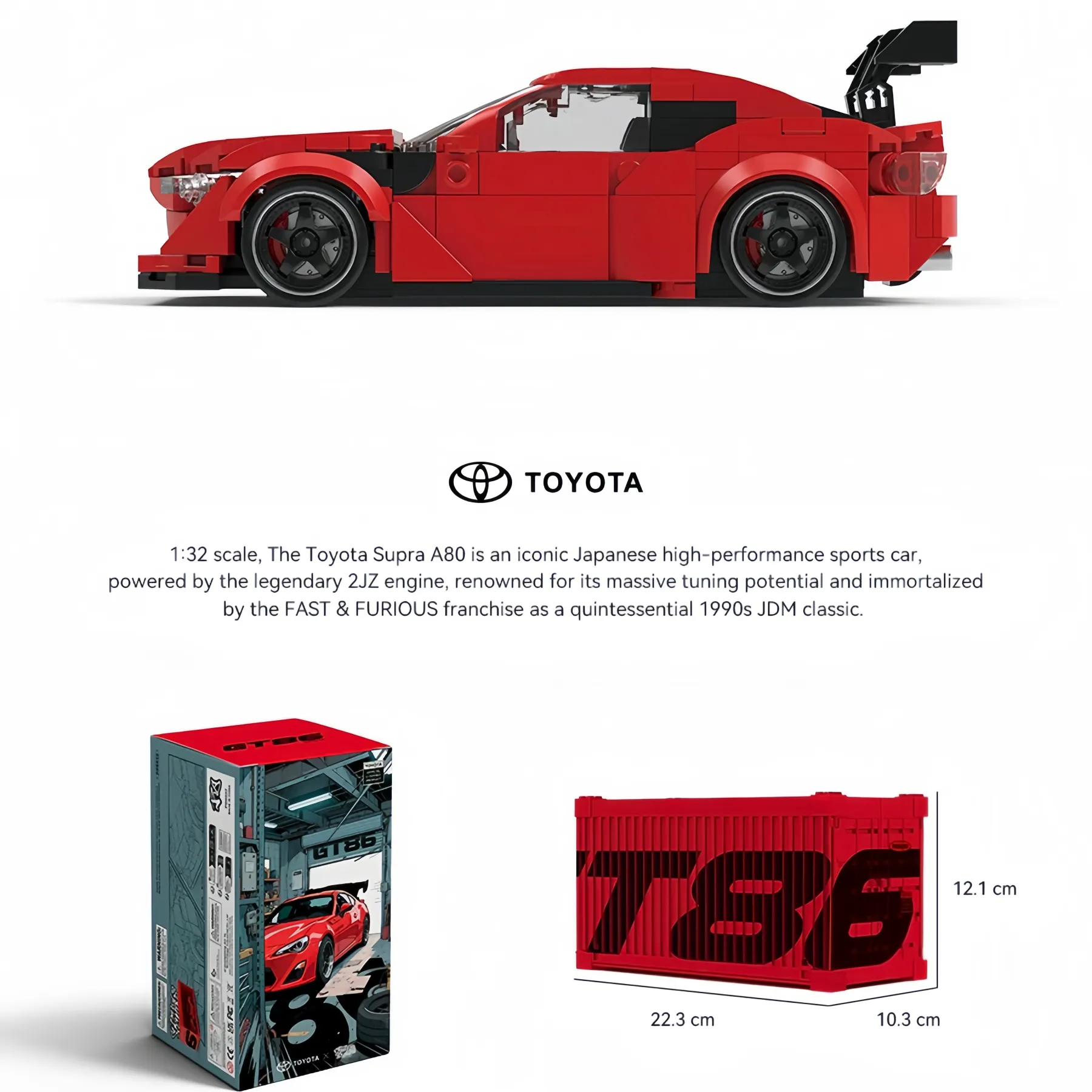 Sizing diagrams and retail gift box packaging for the Toyota GT86 brick model sports car kit.