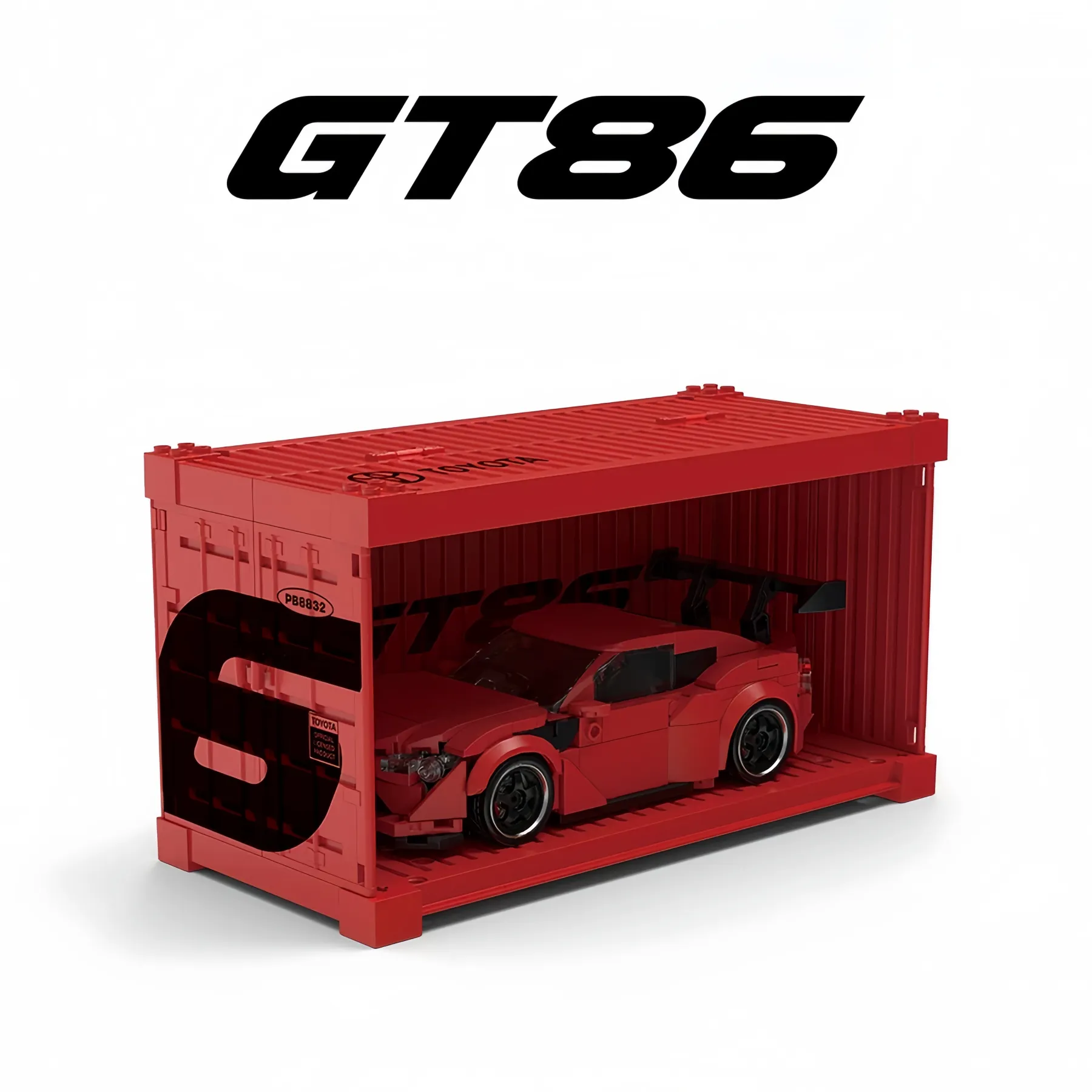 Red Toyota GT86 brick car parked inside a red miniature industrial container display garage.