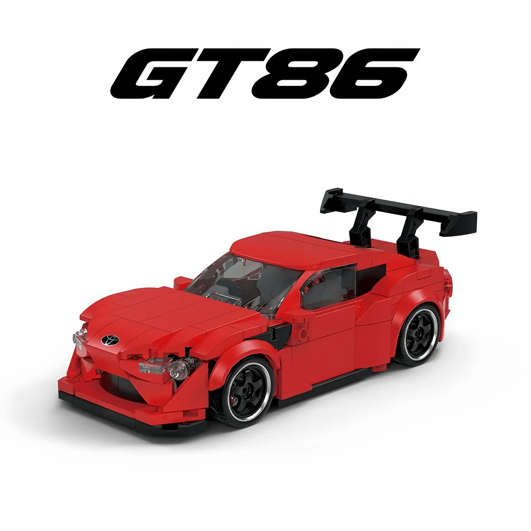 Red Toyota GT86 brick replica car with black 86 text graphic overlay.