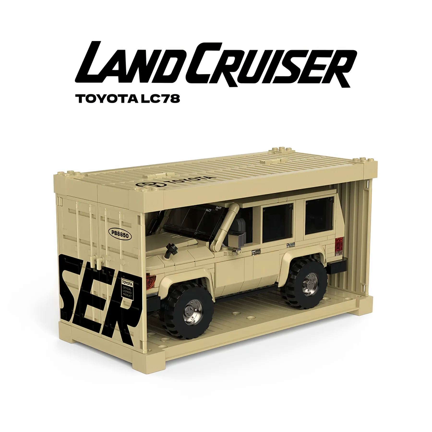 Toyota Land Cruiser brick car set inside a matching container display case.