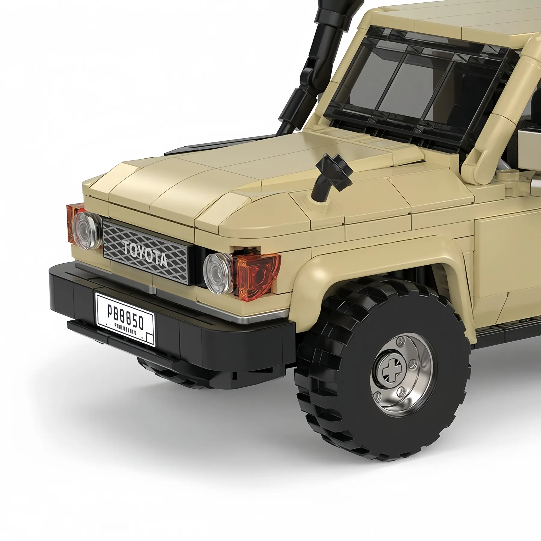 Close-up details of the front grille and bumper on Toyota Land Cruiser brick set.