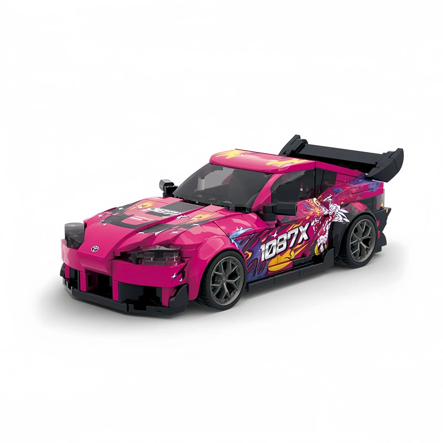 1:32 Toyota Supra MK5 brick model in hot pink with 1087X custom livery and rear wing sports car toy.