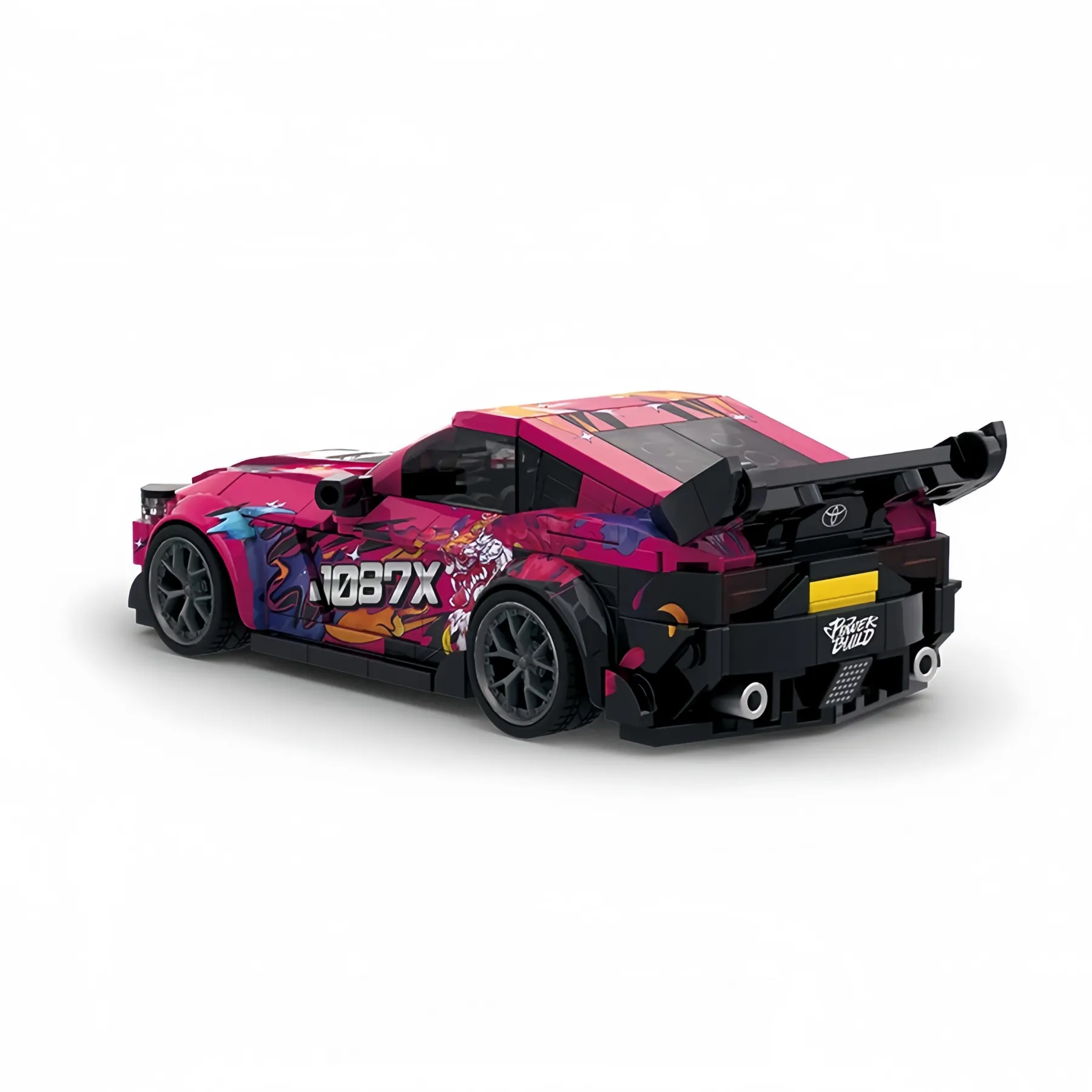 Rear view of 1:32 Toyota Supra MK5 brick car model with GT wing spoiler, dual exhaust, and 1087X livery.