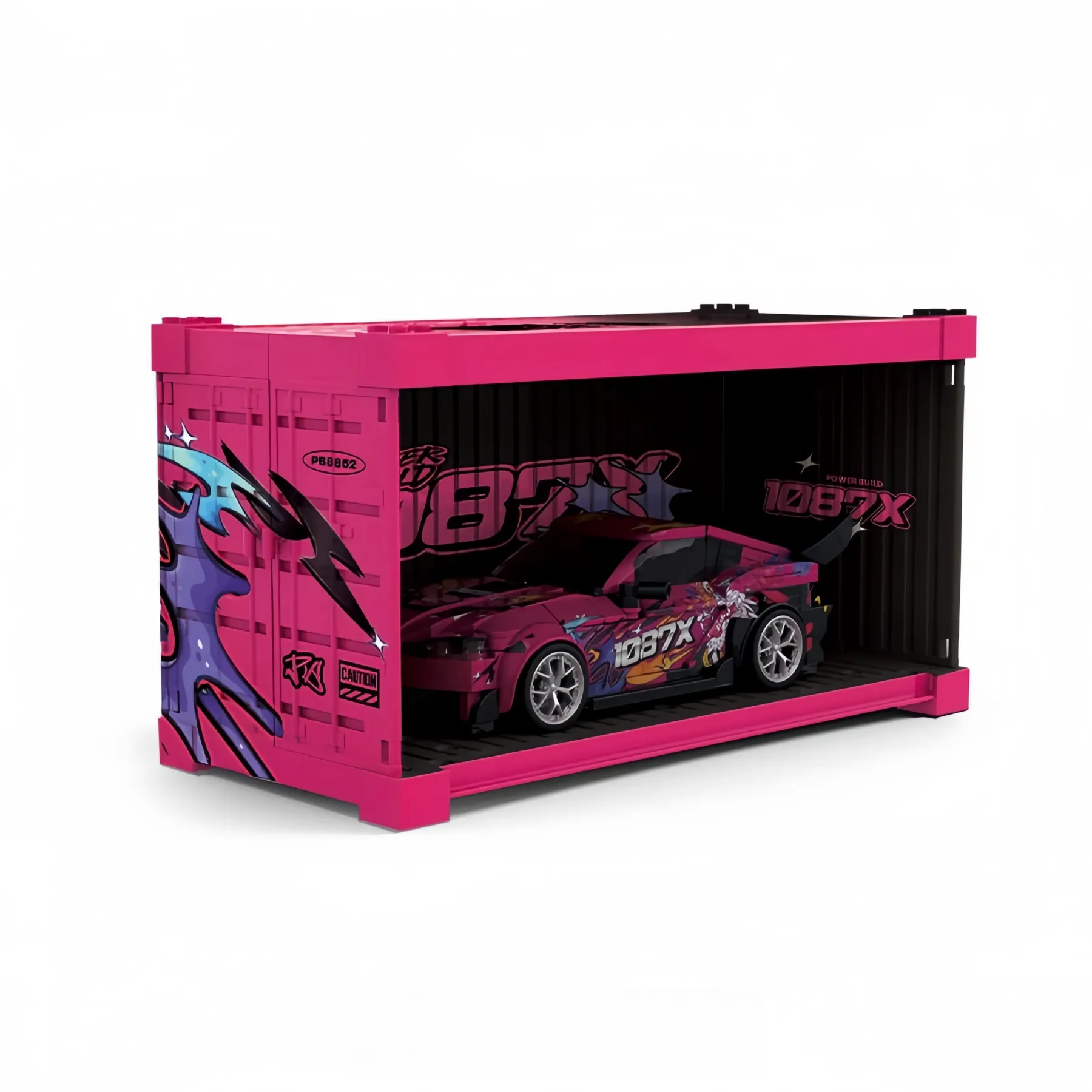 Toyota Supra MK5 brick model inside a custom pink 1087X shipping container display box.